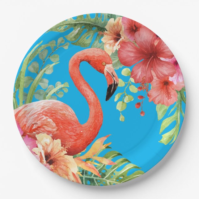 Tropical Watercolor Flamingos & Hibiscus Paper Plates (Front)