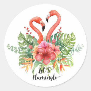 Tropical Watercolor Flamingos & Hibiscus Pun Classic Round Sticker