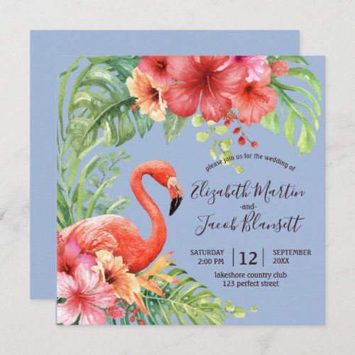 Tropical Watercolor Flamingos  Hibiscus Wedding Invitation
