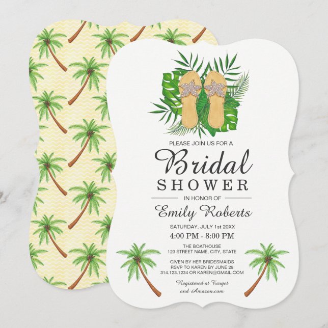 Tropical Watercolor Flip Flops Bridal Shower Invitation (Front/Back)