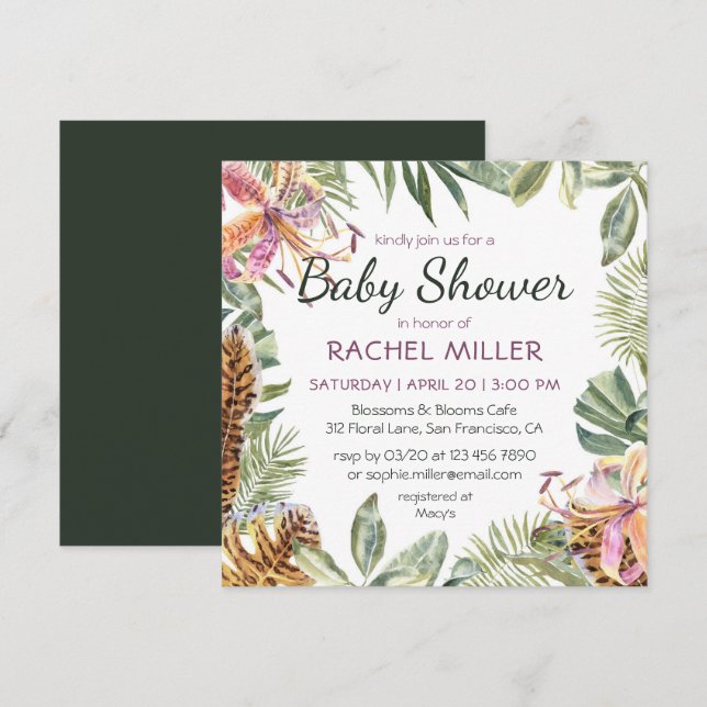 Tropical Watercolor Floral Baby Shower Invitation (Front/Back)