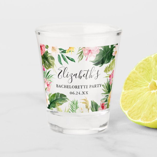 Tropical Watercolor Floral Bachelorette Party Shot Glass (Front)