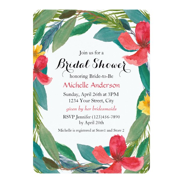 Tropical Watercolor Floral Bridal Shower Invitation