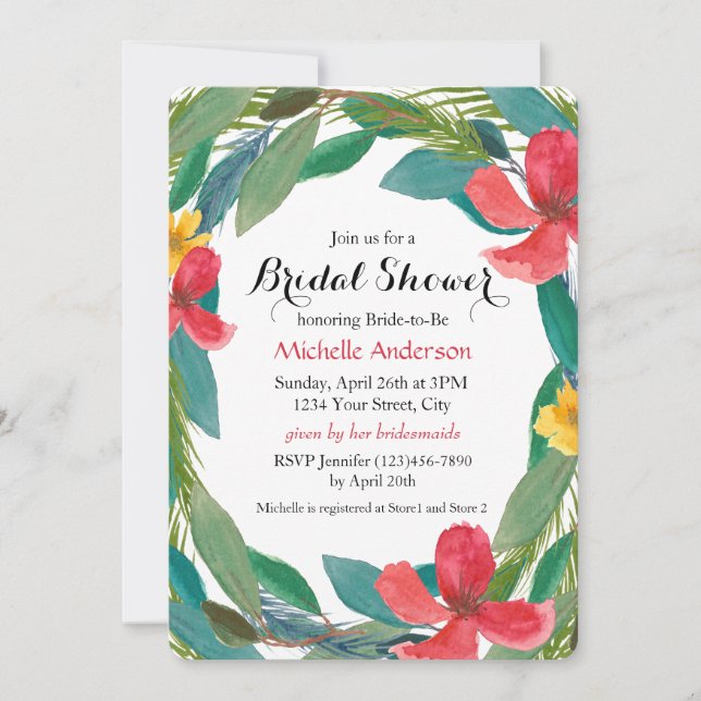Tropical Watercolor Floral Bridal Shower Invitation (Front)