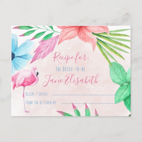 Tropical watercolor floral bride to be recipe card
