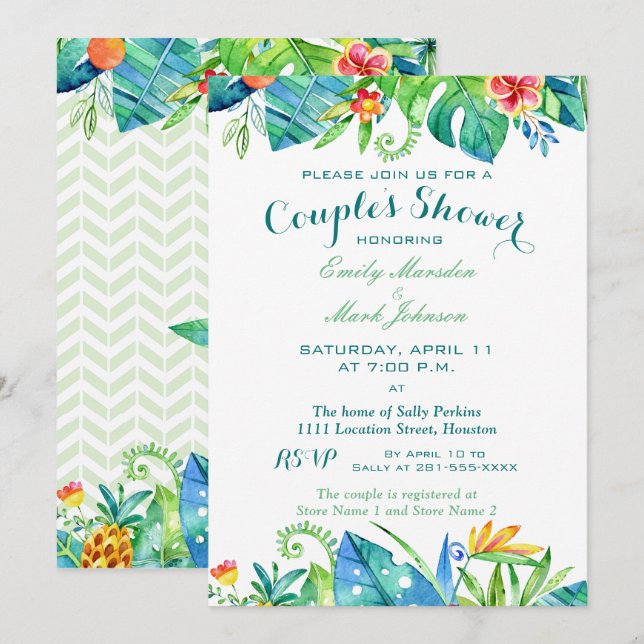 Tropical Watercolor Floral Couples Shower Invitation (Front/Back)