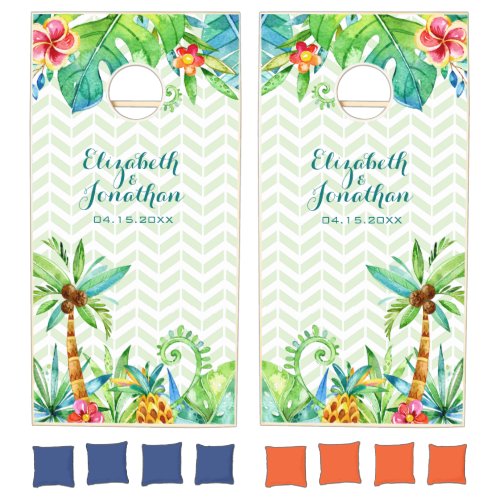 Tropical Watercolor Floral Destination Wedding Cornhole Set