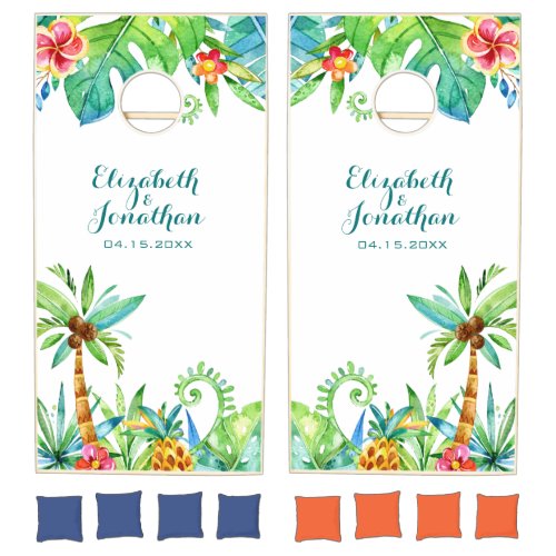 Tropical Watercolor Floral Destination Wedding Cornhole Set