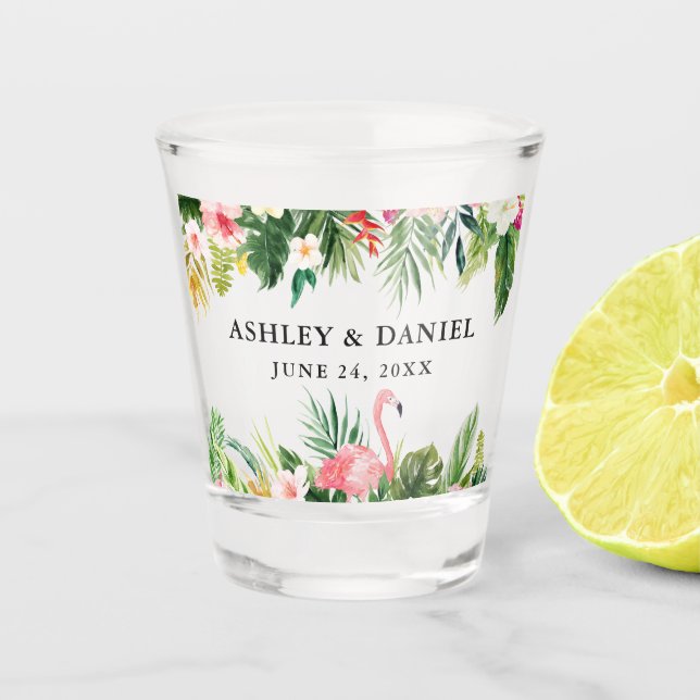 Tropical Watercolor Floral Flamingo Wedding Shot Glass (Front)