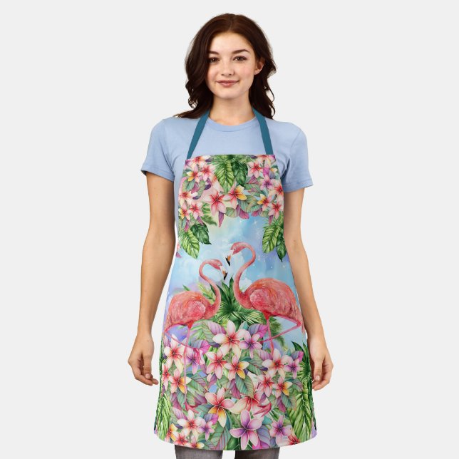 Tropical Watercolor Floral Flamingos Apron (Worn)