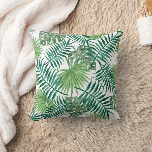 Tropical Watercolor Floral Leaves Throw Pillow (Blanket)