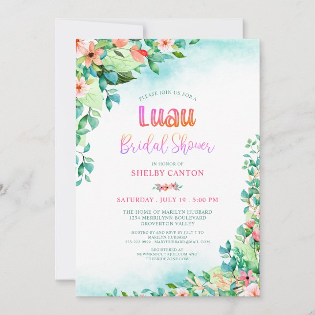 Tropical Watercolor Floral Luau Bridal Shower Invitation (Front)