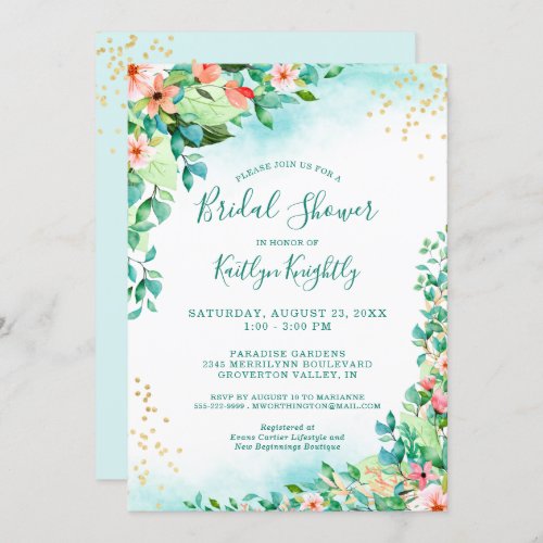 Tropical Watercolor Floral Modern Bridal Shower Invitation