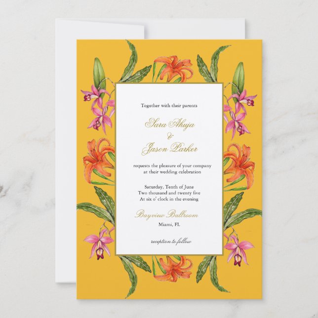  Tropical Watercolor Floral Mustard Wedding   Invitation (Front)