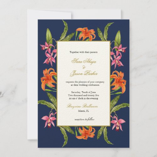  Tropical Watercolor Floral Navy Blue Wedding  Invitation