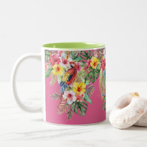Tropical Watercolor Floral Parrots Monogram Two_Tone Coffee Mug