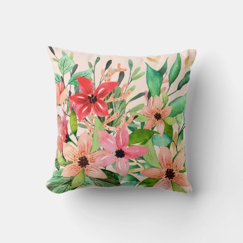Tropical Watercolor Floral Peach Coral Accent Throw Pillow