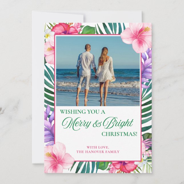 Tropical Watercolor Floral Photo Christmas Holiday Card (Front)