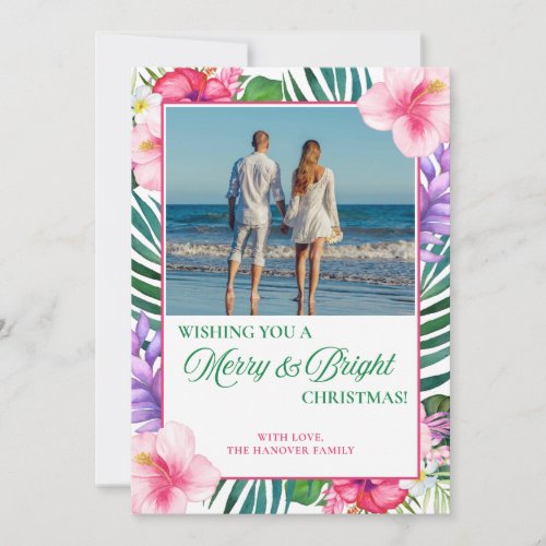 Tropical Watercolor Floral Photo Christmas Holiday Card