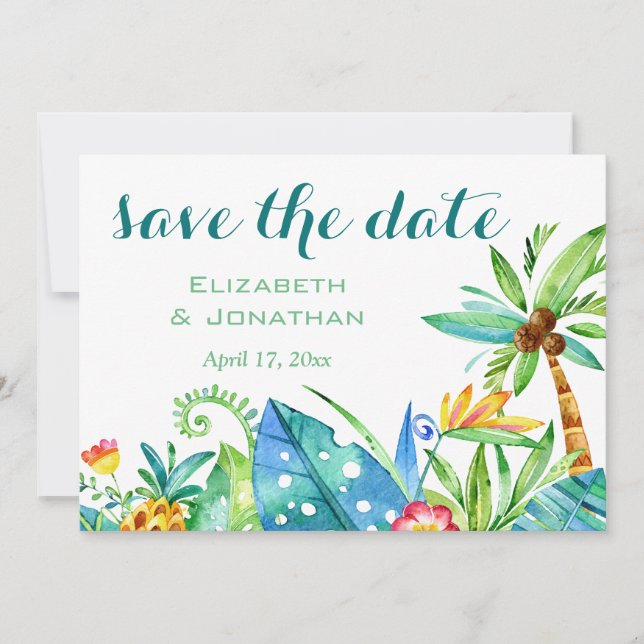 Tropical Watercolor Floral Photo Save The Date Invitation (Front)