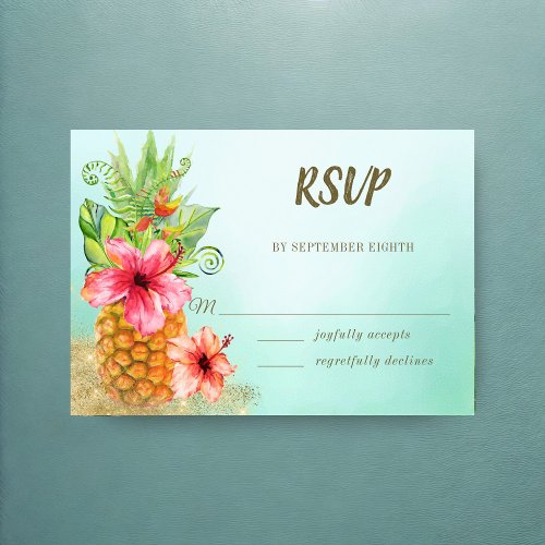 Tropical Watercolor Floral Pineapple Wedding RSVP Card