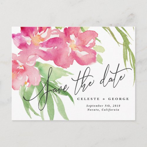 Tropical watercolor floral save the date announcement postcard