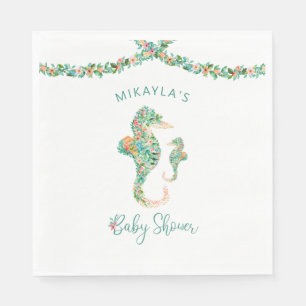 Tropical Watercolor Floral Seahorse Baby Shower Napkins
