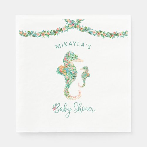 Tropical Watercolor Floral Seahorse Baby Shower Napkins