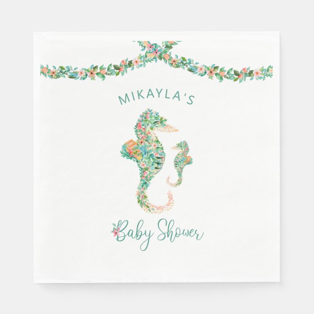Tropical Watercolor Floral Seahorse Baby Shower Napkins (Front)