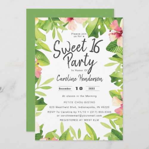 Tropical Watercolor  Floral Sweet Sixteen Party Invitation