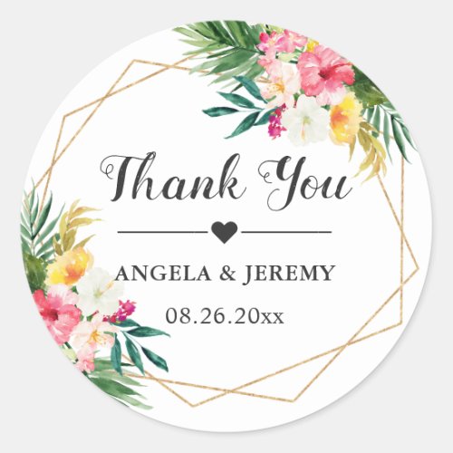 Tropical Watercolor Floral Wedding Favor Thank You Classic Round Sticker
