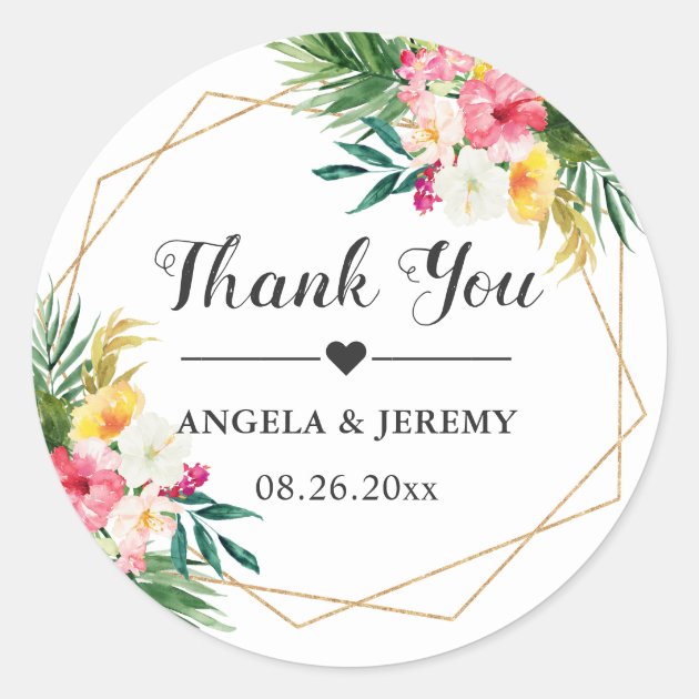 Tropical Watercolor Floral Wedding Favor Thank You Classic Round Sticker