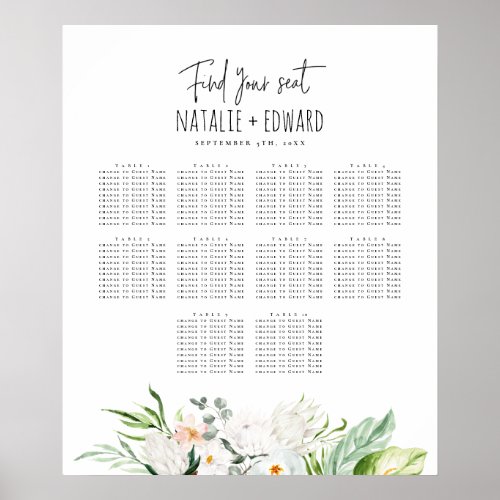 Tropical watercolor floral wedding seating plan poster