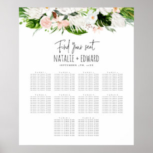 Tropical watercolor floral wedding seating plan poster