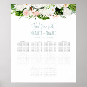 Tropical watercolor floral wedding seating plan poster