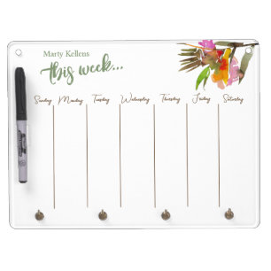 Tropical Watercolor Floral Weekly Calendar Dry Erase Board With Keychain Holder