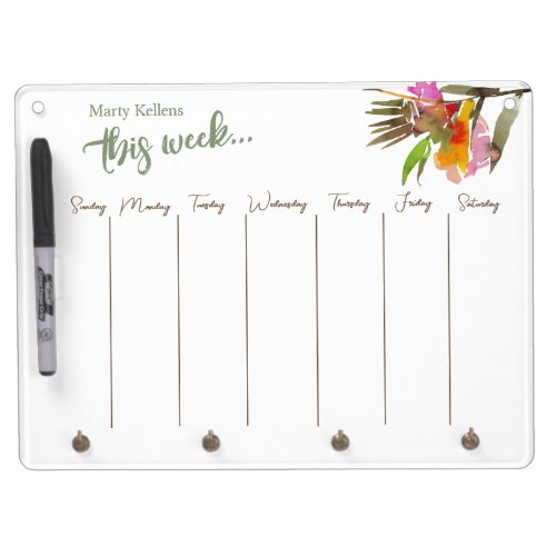 Tropical Watercolor Floral Weekly Calendar Dry Erase Board With Keychain Holder