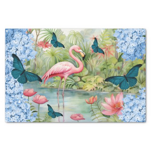 Tropical Watercolor Florals Flamingo  Butterflies Tissue Paper