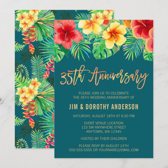 Tropical Watercolor Flower 35th Anniversary Invitation (Front/Back)