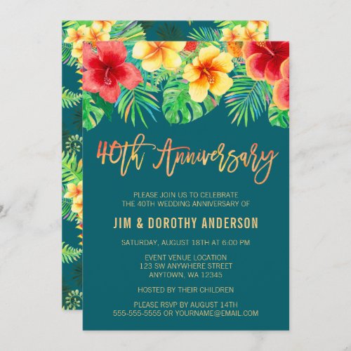 Tropical Watercolor Flower 40th Anniversary Invitation