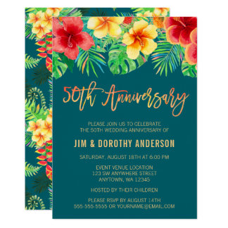 Tropical Watercolor Flower 50th Anniversary Invite
