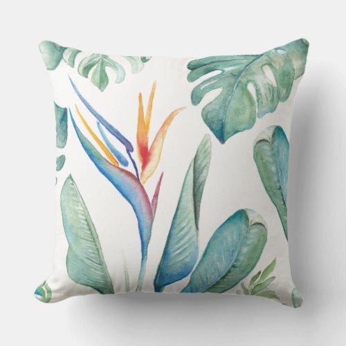 Tropical Watercolor Flower Botanicals and Greenery Throw Pillow