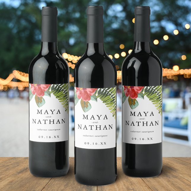 Tropical Watercolor Flower Greenery Personalized Wine Label (Tropical Watercolor Flower Greenery Personalized Wine Label)