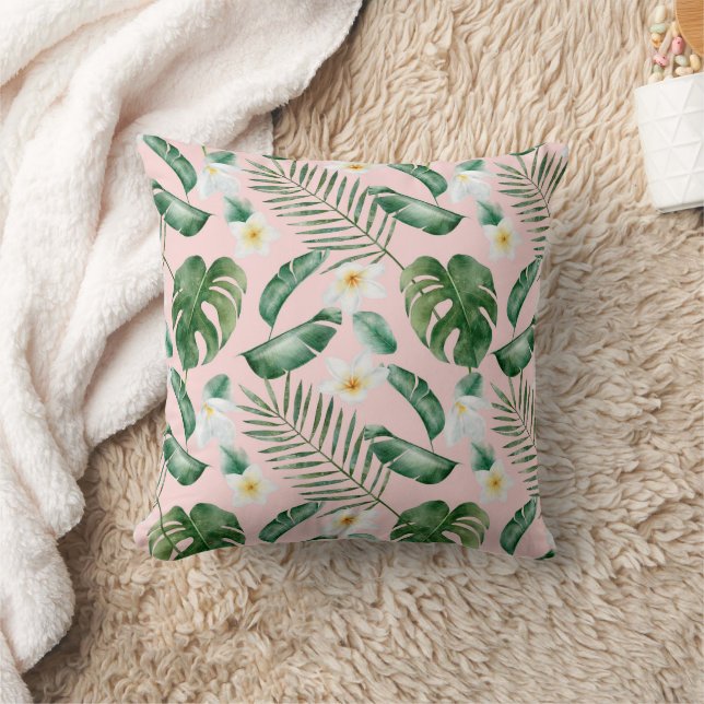 Tropical Watercolor Flower Pattern Throw Pillow (Blanket)