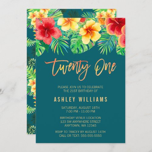 Tropical Watercolor Flowers 21st Birthday Invitation