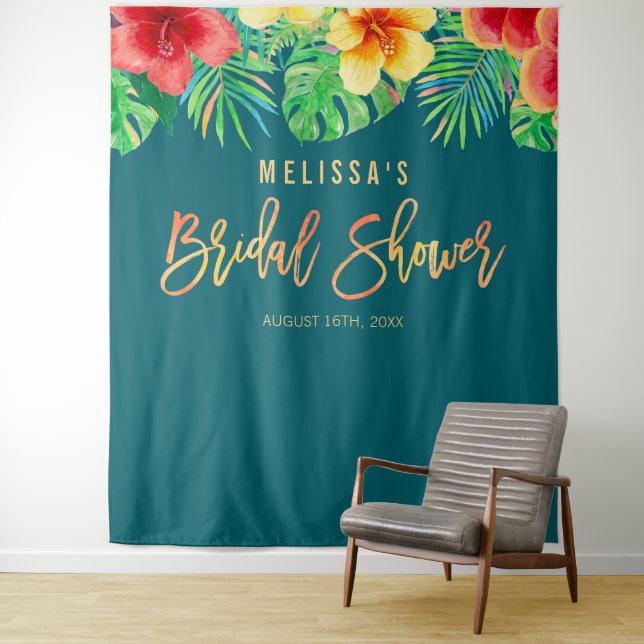 Tropical Watercolor Flowers Bridal Shower Backdrop (In Situ)