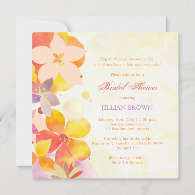 Tropical Watercolor Flowers Bridal Shower Invitation (Front)