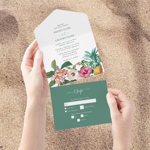 Tropical Watercolor Flowers  Greenery Wedding All In One Invitation