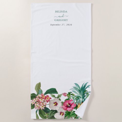Tropical Watercolor Flowers  Greenery Wedding  Beach Towel