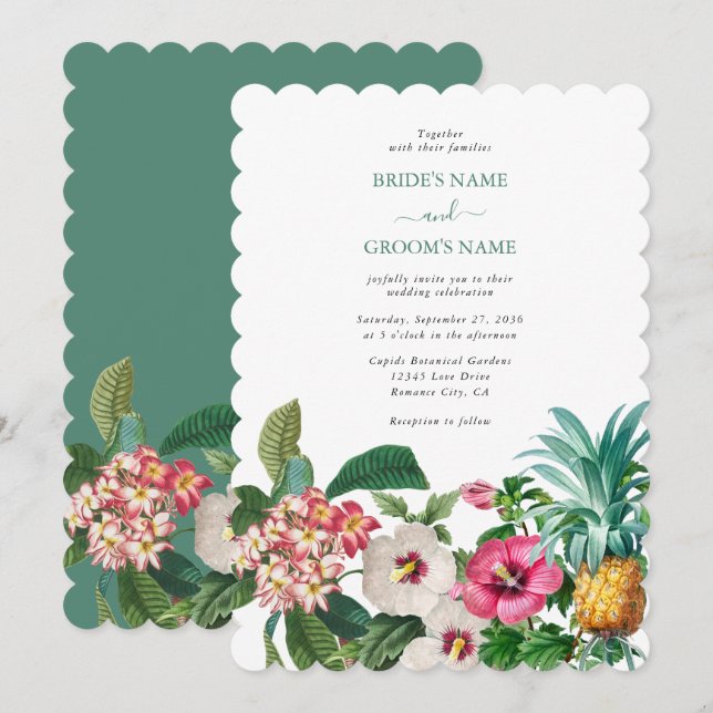 Tropical Watercolor Flowers & Greenery Wedding Invitation (Front/Back)